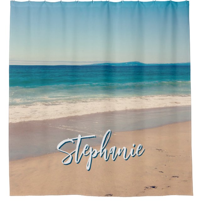 Personalized Beach Photo Ocean Blue Scenic Shower Curtain (Front)