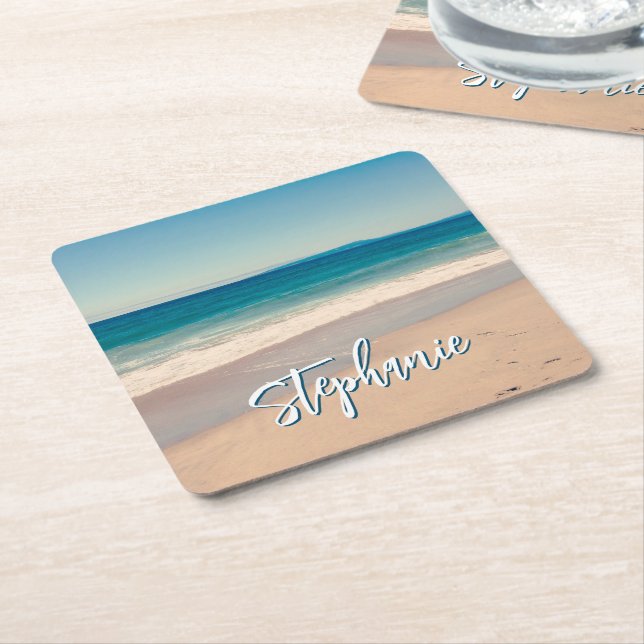 Personalized Beach Photo Ocean Blue Scenic Square Paper Coaster (Angled)