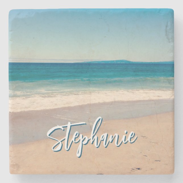 Personalized Beach Photo Ocean Blue Scenic Stone Coaster (Front)