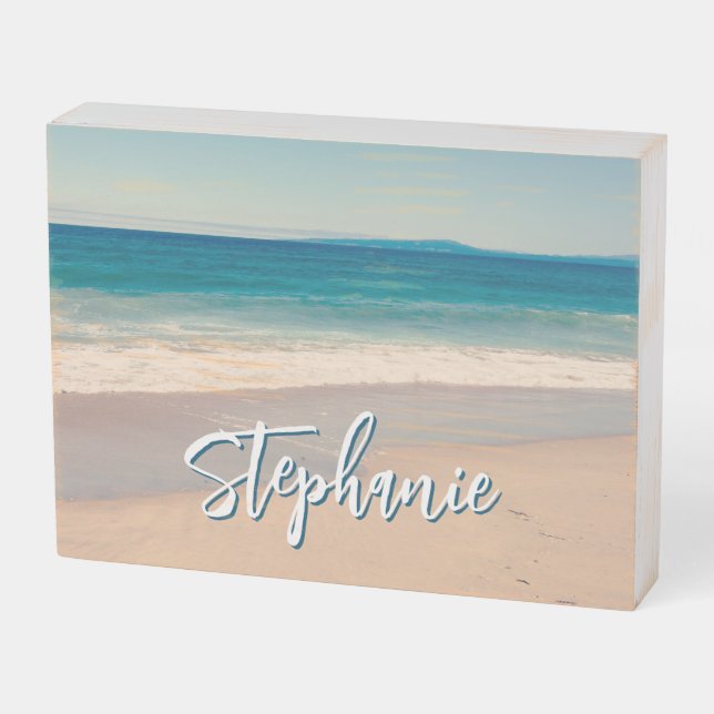 Personalized Beach Photo Ocean Blue Scenic Wooden Box Sign (Angled Horizontal)