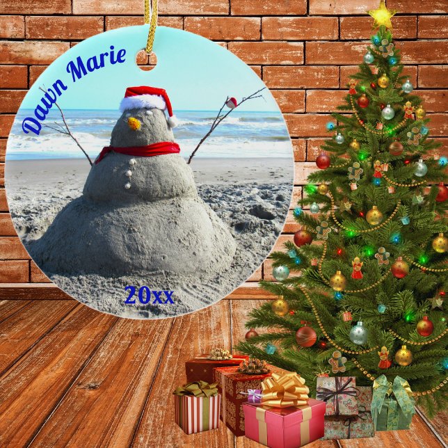 Personalized Beach Sand Santa "Snowman" Ceramic Ornament (beach santa snowman)