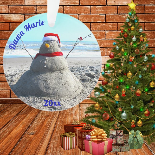 Personalized Beach Sand Santa "Snowman" Ornament (santa hat beach snowman ornament)
