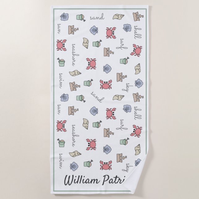 Personalized Beach Sandcastle Crab Shell Pail Kid  Beach Towel (Front)