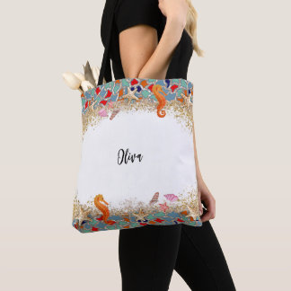 Personalized Beach Sea Life Glass Themed Border Tote Bag