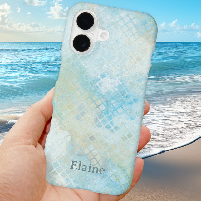 Personalized Beach Seafoam Pattern Phone Case (Phone case featuring a grunge abstract beach inspired checkered pattern in turquoise seafoam colors)