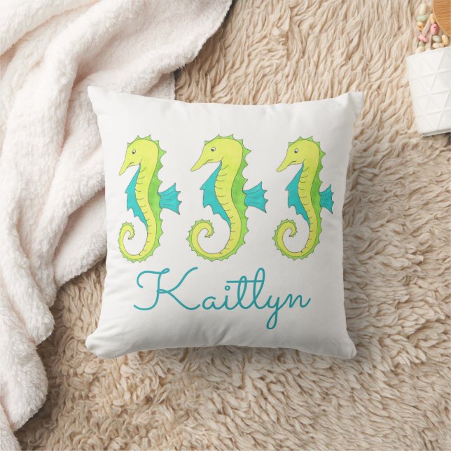 Personalized Beach Seahorse Sea Horse Nautical Throw Pillow (Blanket)