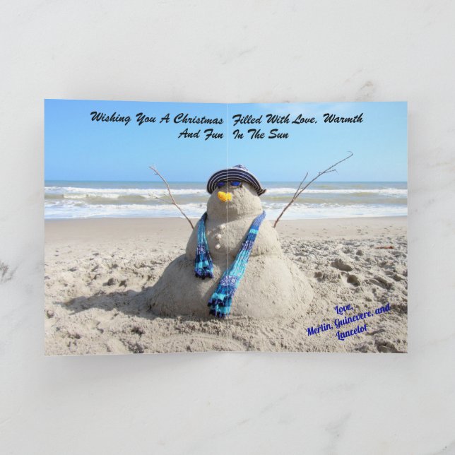Personalized Beach Snowman Sand Sculpture Holiday Card (Inside)