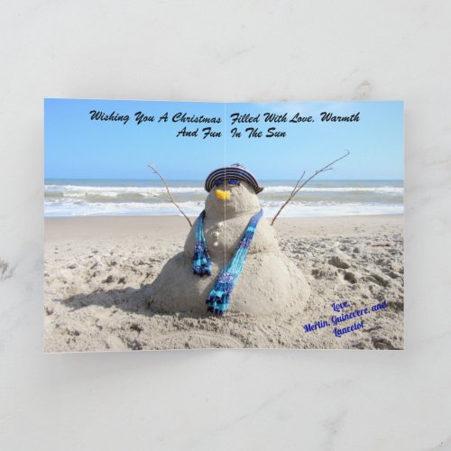 Personalized Beach Snowman Sand Sculpture Holiday Card