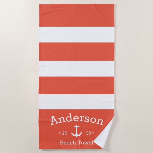 Personalized Beach Towel - Orange/Red Nautical (Front)