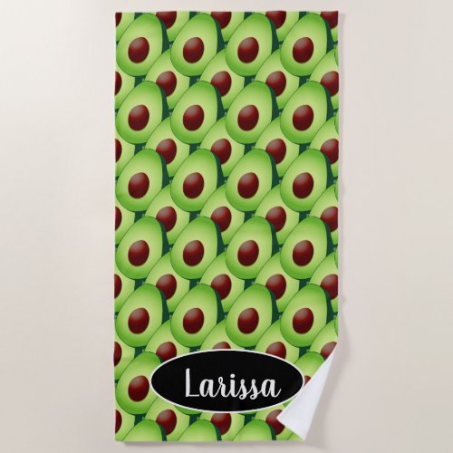 Personalized beach towel with green avocado print