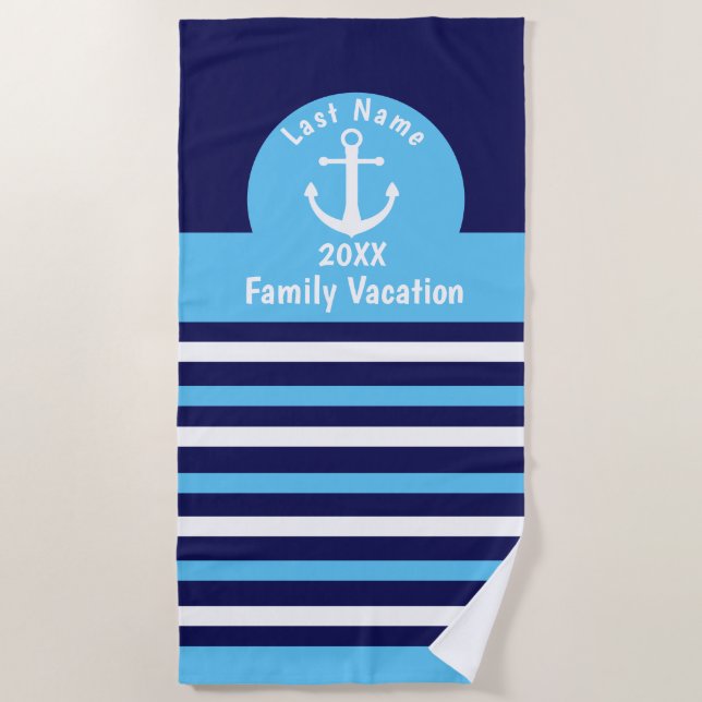 Personalized Beach Towels - Blue Nautical Anchor (Front)