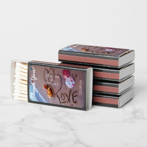 personalized beach wedding favor heart in sand  matchboxes