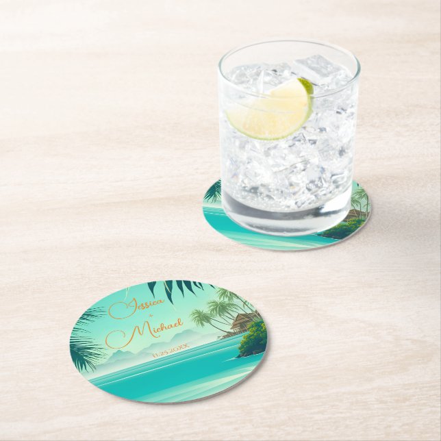 Personalized Beach Wedding Favor Keepsake Round Paper Coaster (Insitu)
