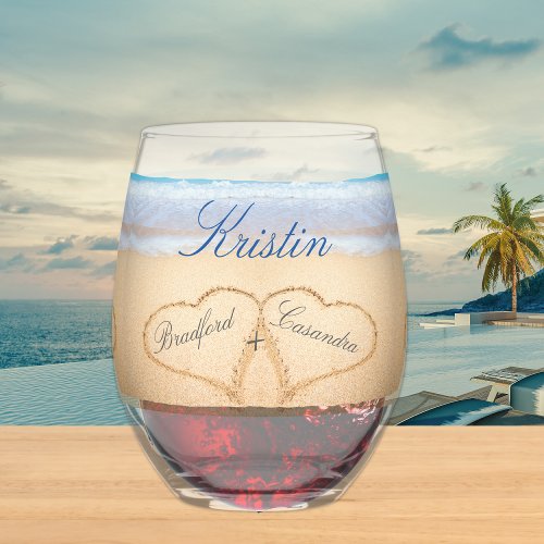 Personalized Beach Wedding Hearts in Sand Favor Stemless Wine Glass