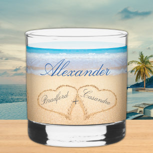 Personalized Beach Wedding Hearts in Sand Favor Whiskey Glass