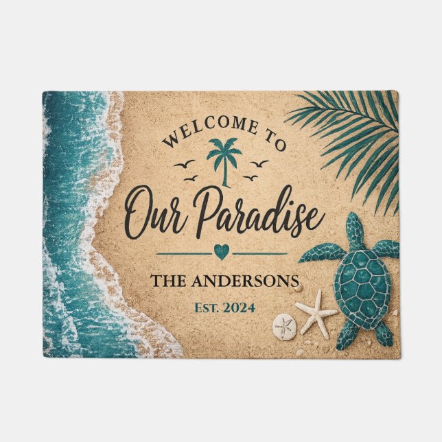 Personalized Beach Welcome Mat Turtle Coastal (Front)