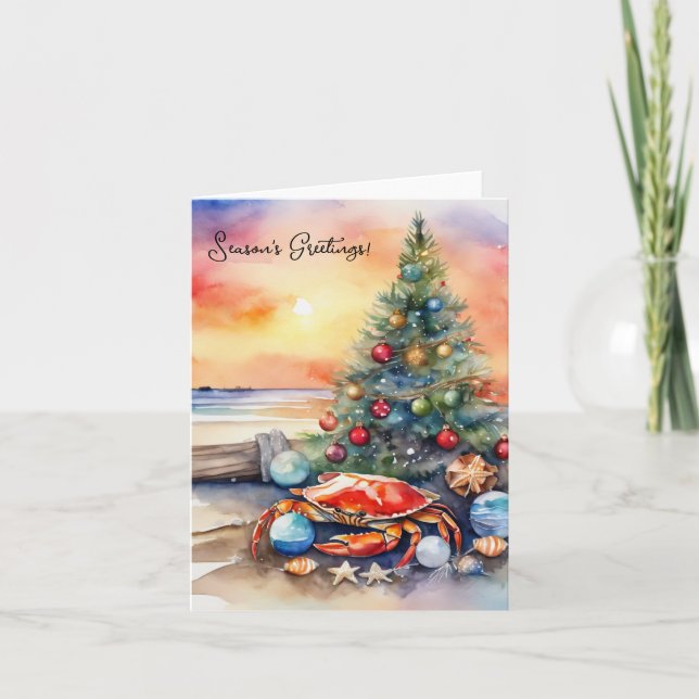 Personalized Beach with Crab Christmas Tree  Holiday Card (Front)