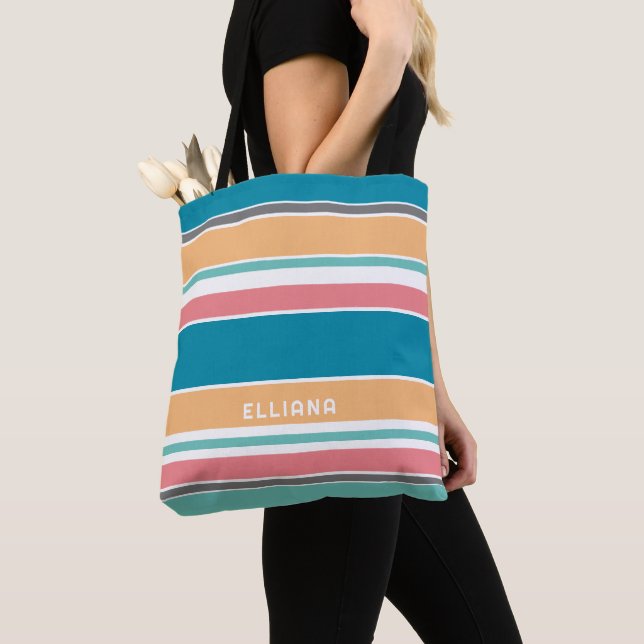 Personalized Beachy Summer Colors Art Stripes Tote Bag (Close Up)