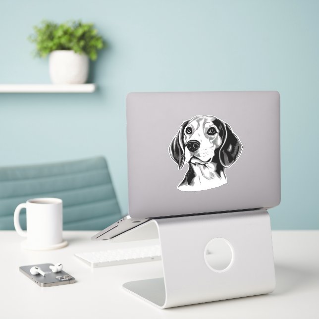 Personalized Beagle Dog Black and White Sticker (Laptop On Desk)