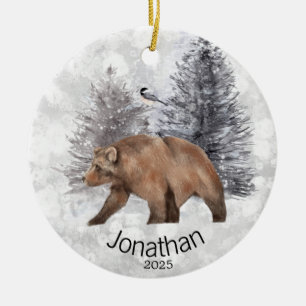 Personalized Bear Bird Winter Cabin Ceramic Ornament