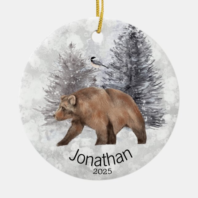 Personalized Bear Bird Winter Cabin       Ceramic Ornament (Front)