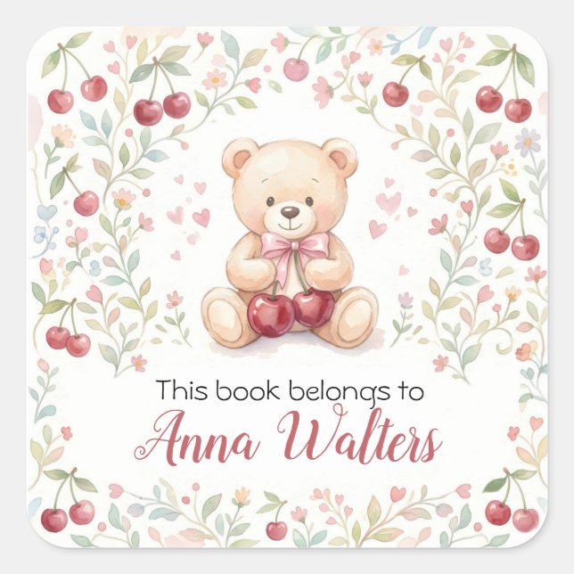 Personalized Bear Cub Cherry Frame Book Label (Front)