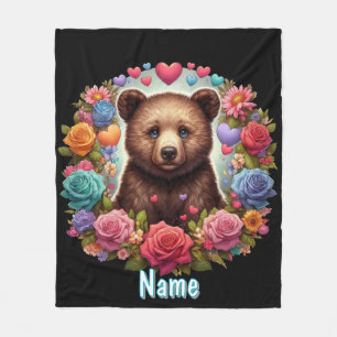 Personalized Bear Cub with Roses and Hearts Fleece Blanket