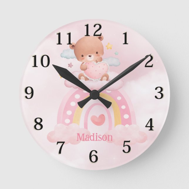 Personalized Bear Girls Rainbow Round Clock (Front)