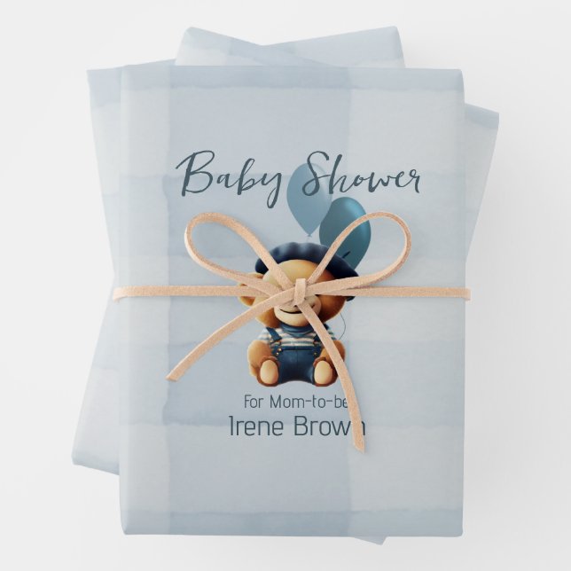 Personalized Bear Jean Baby Shower Gift Wrapping Paper Sheets (In situ)