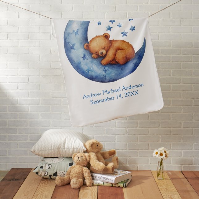 Personalized Bear Sleeping Moon Blue Baby Boy  Baby Blanket (In Situ)