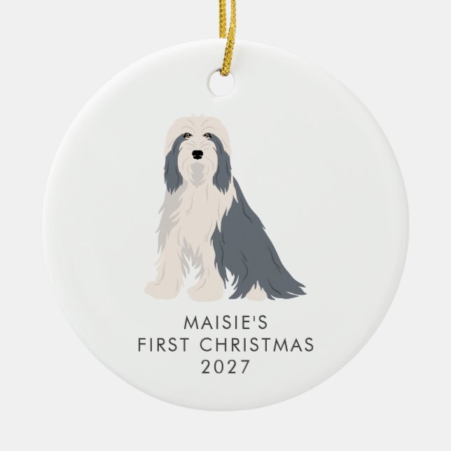 Personalized Bearded Collie Dog First Christmas Ceramic Ornament (Front)