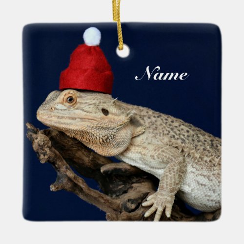 Personalized Bearded Dragon Lizard _ Santa Hat Ceramic Ornament