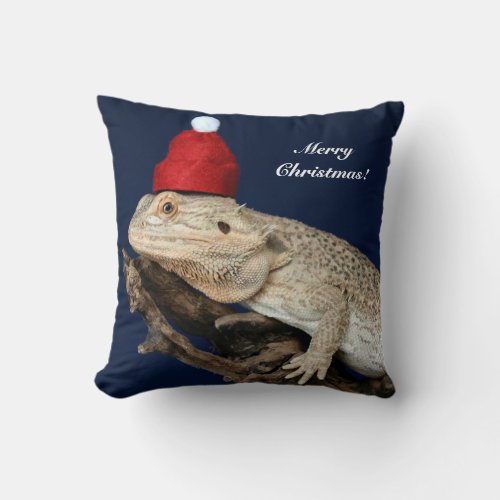 Personalized Bearded Dragon Lizard _ Santa Hat Throw Pillow