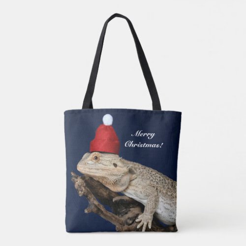 Personalized Bearded Dragon Lizard _ Santa Hat Tote Bag