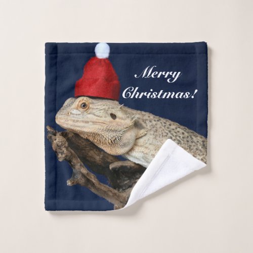Personalized Bearded Dragon Lizard _ Santa Hat Wash Cloth