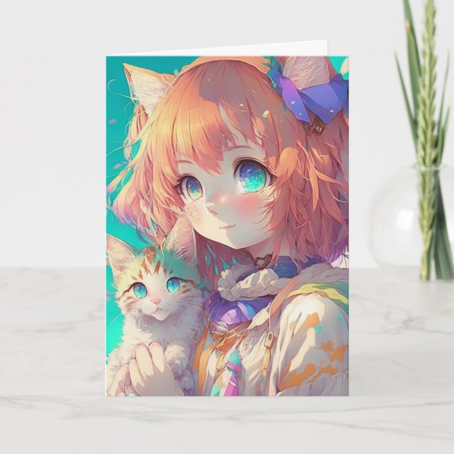 Personalized Beautiful Anime Girl with Cute Kitten Card (Front)