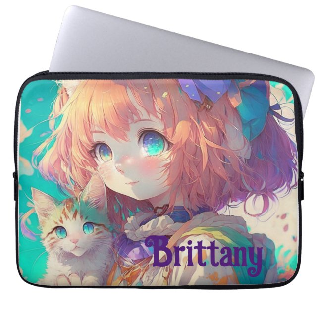 Personalized Beautiful Anime Girl with Cute Kitten Laptop Sleeve (Front)