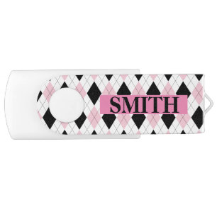 Personalized Beautiful Argyle Pink & Black Girly Flash Drive