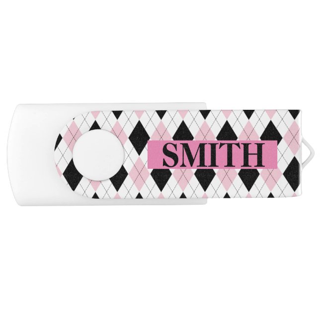 Personalized Beautiful Argyle Pink & Black Girly Flash Drive (Front)