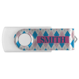 Personalized Beautiful Argyle Pink & Blue Girly Flash Drive