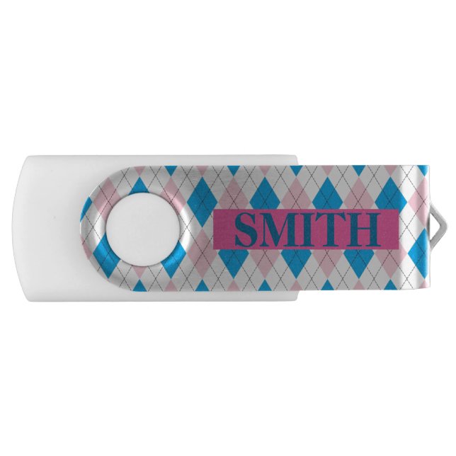 Personalized Beautiful Argyle Pink & Blue Girly Flash Drive (Front)