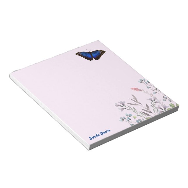 Personalized Beautiful Blue Morpho Butterfly Lilac Notepad (Angled)