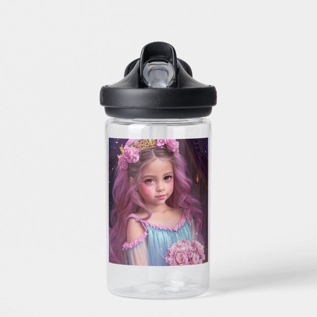 Personalized Beautiful Girl with Pink Flowers  Water Bottle (Front)