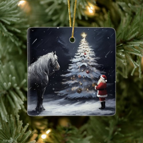 Personalized Beautiful Horse and Santa Christmas Ceramic Ornament