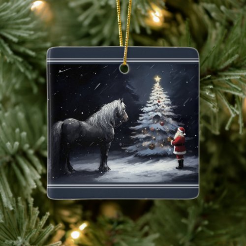 Personalized Beautiful Horse and Santa Christmas Ceramic Ornament