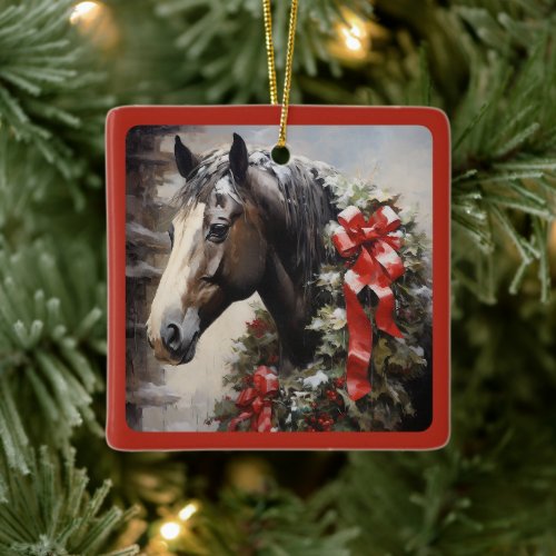 Personalized Beautiful Horse with Wreath Christmas Ceramic Ornament