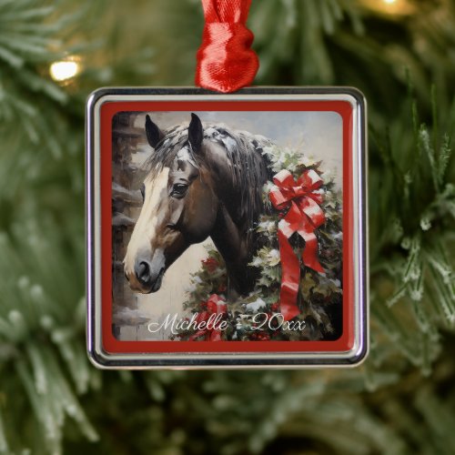 Personalized Beautiful Horse with Wreath Christmas Metal Ornament