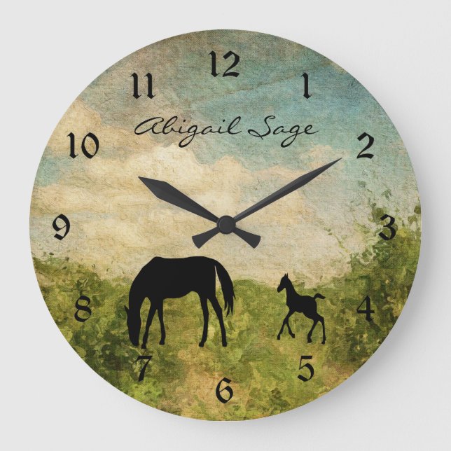 Personalized Beautiful Mare and Foal Horse Large Clock (Front)