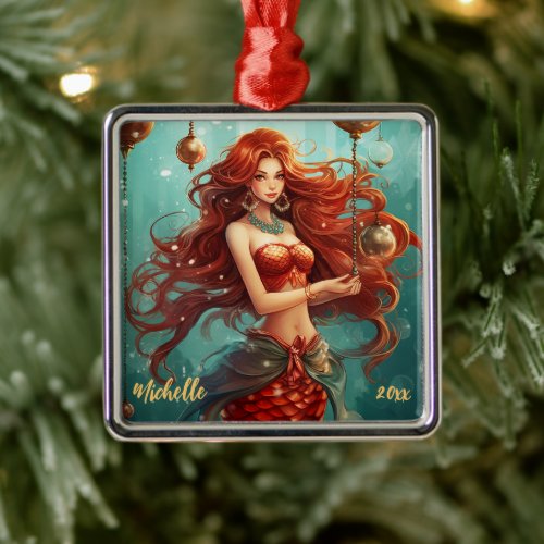 Personalized Beautiful Mermaid Christmas Metal Ornament