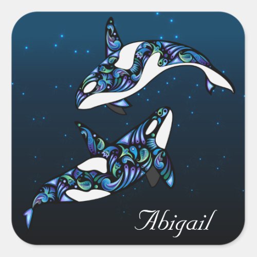 Personalized Beautiful Orca Whale Couple Square Sticker